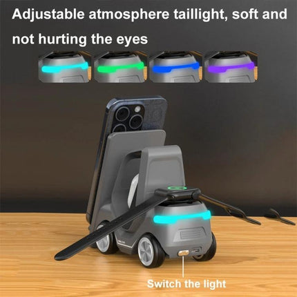 Forklift-Shaped Charger for Daily Desk Device Setup showing phone, smartwatch, headphones on a cordless forklift-shaped wireless charging stand with adjustable taillight