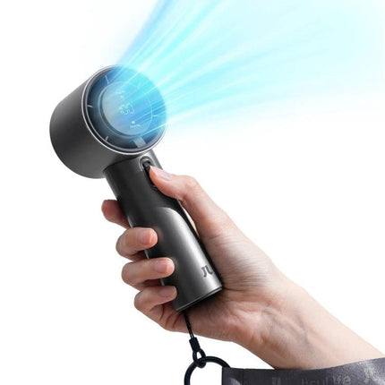 JisuLife Portable Rechargeable Handheld Cooling Fan for Everyday Use showing handheld gray fan emitting cool airflow with LED display