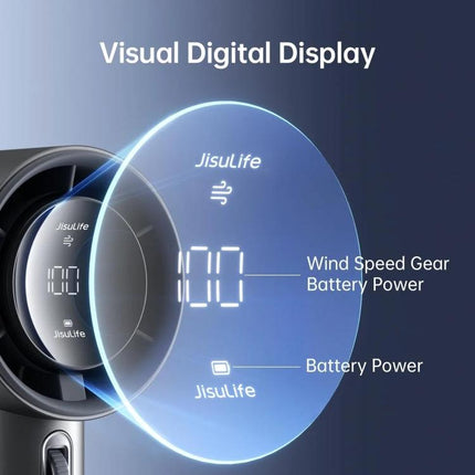 JisuLife Portable Rechargeable Handheld Cooling Fan for Everyday Use showing visual digital display with wind speed and battery power indicators