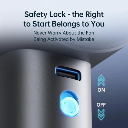 JisuLife Portable Rechargeable Handheld Cooling Fan for Everyday Use safety lock button close-up with LED power indicator