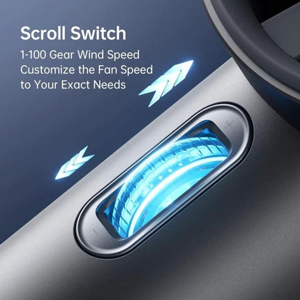 JisuLife Portable Rechargeable Handheld Cooling Fan for Everyday Use close-up of illuminated scroll switch showing 1-100 gear wind speed control
