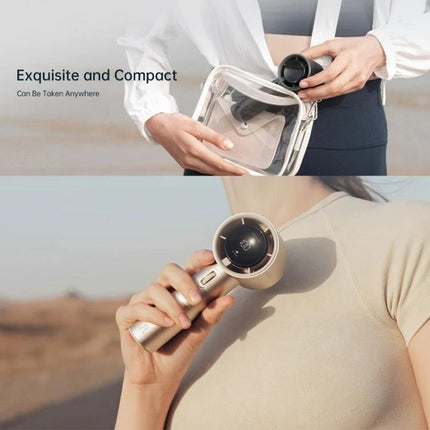 JisuLife Portable Rechargeable Handheld Cooling Fan for Everyday Use being placed in a clear bag and held to cool the neck outdoors