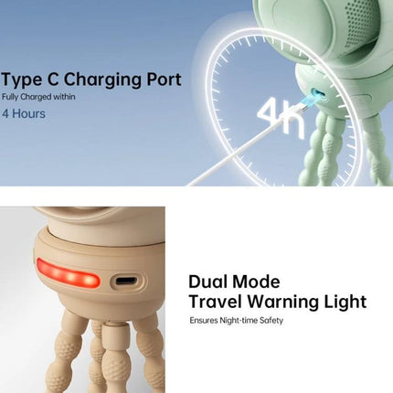 JisuLife Bladeless Stroller Fan for Portable Cooling and Air Flow showing Type C charging port with 4hr charge time and dual-mode travel warning light