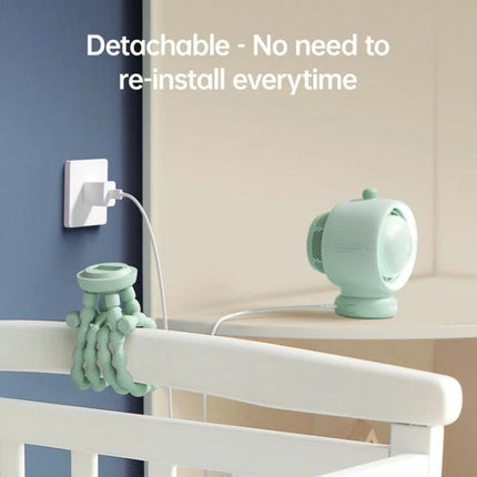 JisuLife Bladeless Stroller Fan for Portable Cooling and Air Flow attached to crib rail with flexible mount and USB charging cable