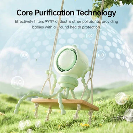 JisuLife Bladeless Stroller Fan for Portable Cooling and Air Flow showing green fan on a stroller swing highlighting core purification filtering dust and allergens