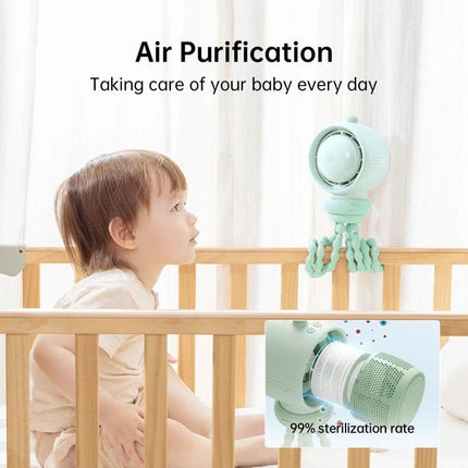JisuLife Bladeless Stroller Fan for Portable Cooling and Air Flow attached to crib rail providing safe filtered airflow for baby