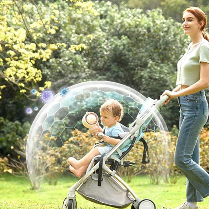 JisuLife Bladeless Stroller Fan for Portable Cooling and Air Flow attached to stroller protecting baby with filtered gentle breeze outdoors