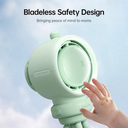 JisuLife Bladeless Stroller Fan for Portable Cooling and Air Flow — mint green bladeless safety design shown attached to stroller with baby’s hand reaching