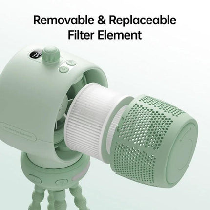 JisuLife Bladeless Stroller Fan for Portable Cooling and Air Flow showing removable replaceable filter element and green fan attached to stroller tripod