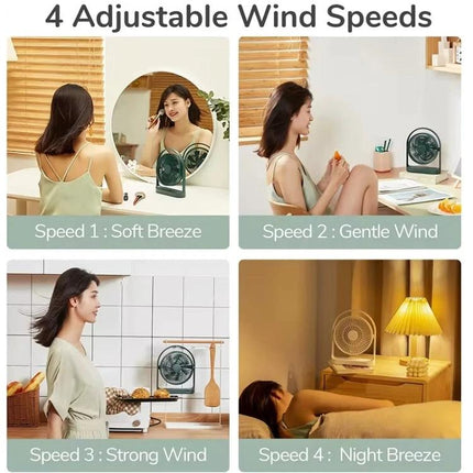 JisuLife Rechargeable Mini Fan for Portable Everyday Cooling on desk showing four adjustable wind speeds and woman using fan at vanity and bedside