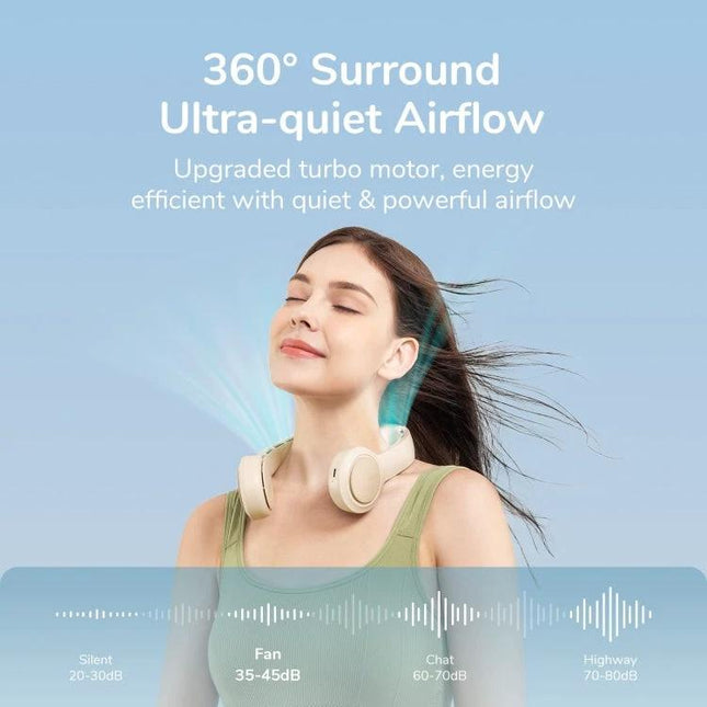 JisuLife Bladeless Rechargeable Neck Fan for Outdoor Use worn by woman showing 360° surround ultra-quiet airflow