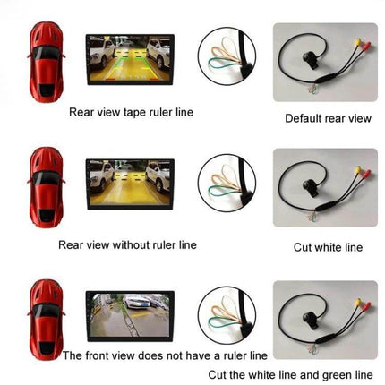 360-Degree Adjustable Fisheye Camera for Vehicle Reversing showing wiring options, rear/front views and parking guide lines