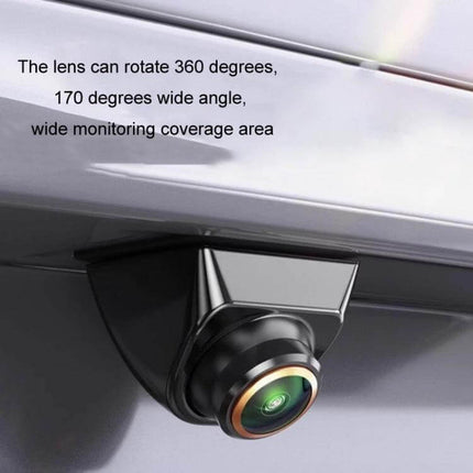 360-Degree Adjustable Fisheye Camera for Vehicle Reversing mounted under bumper showing 170° wide-angle lens and 360° rotation