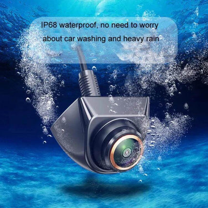 360-Degree Adjustable Fisheye Camera for Vehicle Reversing showing waterproof IP68 camera submerged emphasizing rain and car wash durability