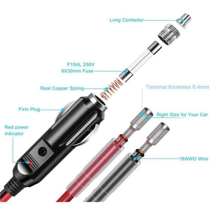 Fused Cigarette Lighter Plug With Lead For Vehicles showing fuse, spring, 16AWG wires and red power indicator