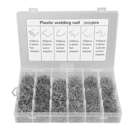 Boxed Car Bumper Repair Welding Wire Set 0.6 0.8 mm – boxed set of 3000 tungsten steel plastic welding nails in six shapes for bumper and plastic repairs