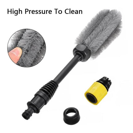 Soft Bristle Wheel Hub Cleaning Brush for Vehicle Washing shown with soft gray bristles, handle and hose adapters for cars, trucks, motorcycles