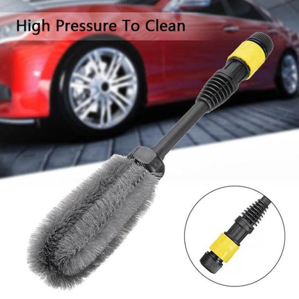 Soft Bristle Wheel Hub Cleaning Brush for Vehicle Washing shown with flexible non-scratch bristles and connector for high-pressure hose