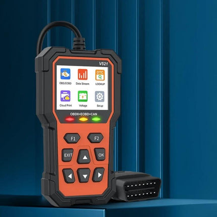 Essential Car Diagnostic Scanner for Routine Vehicle Checks handheld OBDII tool showing menu icons and cable
