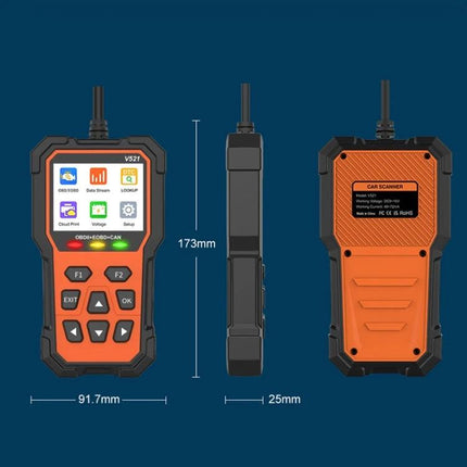 Essential Car Diagnostic Scanner for Routine Vehicle Checks - orange handheld OBD2 device front side, side profile and back with dimensions 173x91.7x25mm