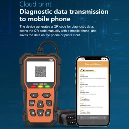 Essential Car Diagnostic Scanner for Routine Vehicle Checks showing handheld OBDII device with QR code and diagnostic report displayed on a smartphone