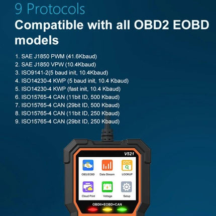 Essential Car Diagnostic Scanner for Routine Vehicle Checks - handheld OBD2 reader with 9 protocols listed, compatible with all OBD2 EOBD models