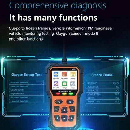 Essential Car Diagnostic Scanner for Routine Vehicle Checks handheld OBD2 reader showing oxygen sensor test, freeze frame and menu screen