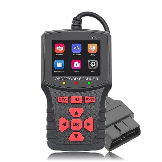 Essential Handheld Device for Routine Car Maintenance Checks - compact OBD2/EOBD scanner showing color screen and red navigation buttons