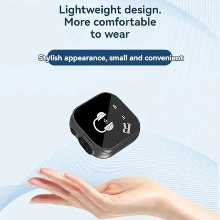 In-Ear Monitoring System for Musicians On Stage compact wireless transmitter shown above a hand, lightweight design for live performance monitoring