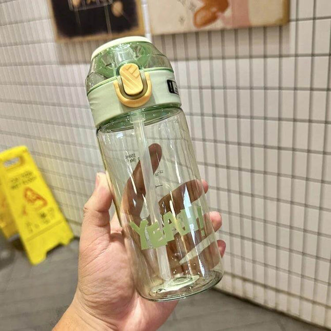 Student Portable Bouncing Straw Cup, 550ml to 800ml - clear green polycarbonate bottle with sealed flip lid and internal straw, measurement scale visible