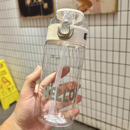 Student Portable Bouncing Straw Cup, 550ml to 800ml clear polycarbonate bottle with sealed flip lid and internal straw held in hand