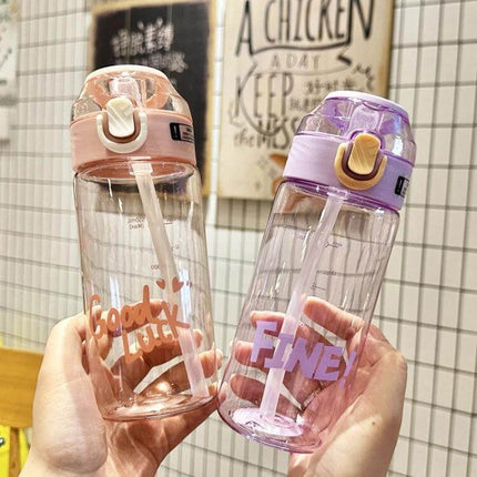 Student Portable Bouncing Straw Cup, 550ml to 800ml clear polycarbonate bottle with sealed lid and internal straw, pink and purple