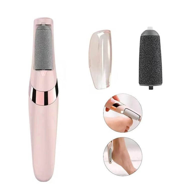Electric Foot Grinder Rechargeable For Daily Home Use shown with two-speed rechargeable handle, interchangeable roller heads and protective cap