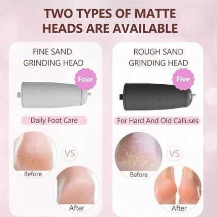 Electric Foot Grinder Rechargeable For Daily Home Use showing two interchangeable matte grinding heads for fine and rough callus removal