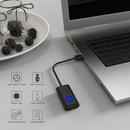 Virtual Mouse for Preventing Computer Hibernation Device USB plug-and-play dongle connected to laptop with blue LED