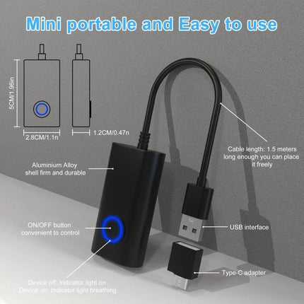 Virtual Mouse for Preventing Computer Hibernation Device - compact USB dongle with Type-C adapter, ON/OFF button and 1.5m cable