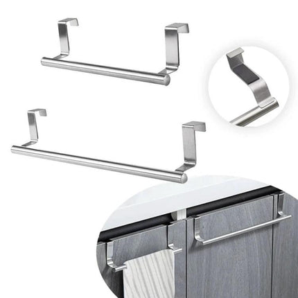 Stainless Steel Towel Rack For Kitchen Cabinet Storage mounted on cabinet door to hold hand towels and save counter space