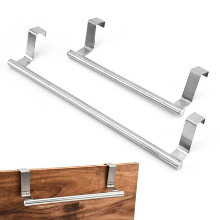 Stainless Steel Towel Rack For Kitchen Cabinet Storage mounted on cabinet door, slim over-the-door design for hand towels and dishcloths