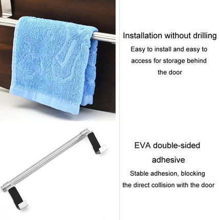 Stainless Steel Towel Rack For Kitchen Cabinet Storage mounted on cabinet door with blue towel, easy no-drill installation and EVA adhesive