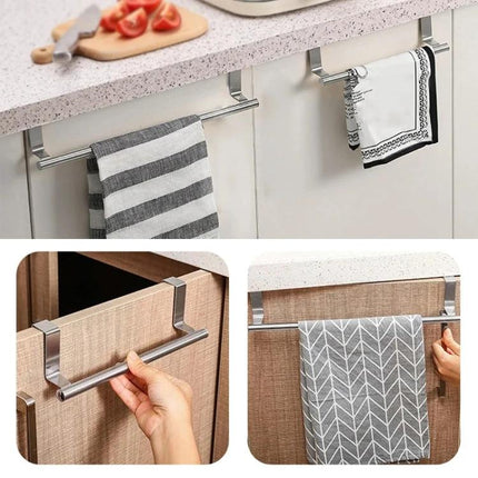 Stainless Steel Towel Rack For Kitchen Cabinet Storage mounted on cabinet doors to keep dishcloths and hand towels organized