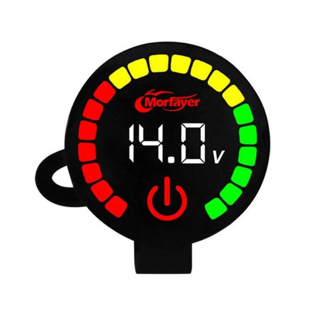 Morfayer Motorcycle Dual Display Alarm Meter For Voltage And Temp showing 14.0V with colored LED ring and power icon
