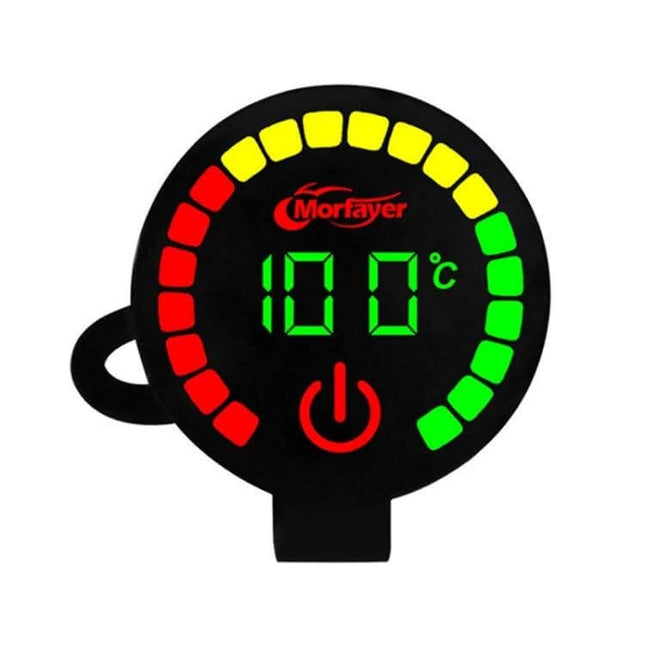 Morfayer Motorcycle Dual Display Alarm Meter For Voltage And Temp digital gauge showing 100°C with multicolor LED arc and power icon