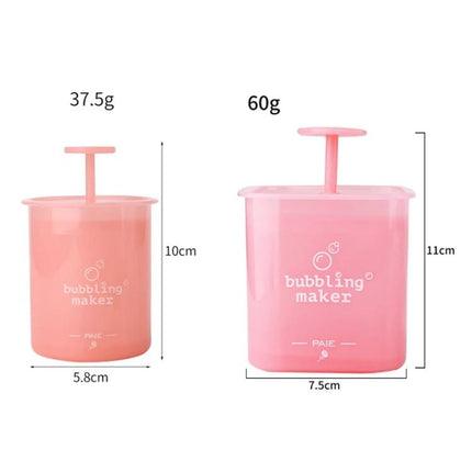 Portable Foaming Cup for Daily Skincare and Travel Use - compact pink foaming cup with plunger, two sizes shown with dimensions for travel and home skincare