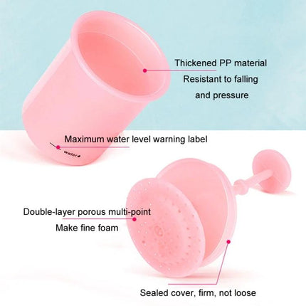 Portable Foaming Cup for Daily Skincare and Travel Use showing pink cup, thickened PP material, double-layer porous foam maker and sealed cover