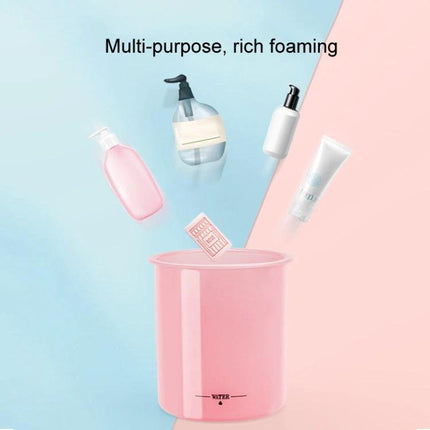 Portable Foaming Cup for Daily Skincare and Travel Use displayed with cleanser bottles and rich foam, pink travel foaming cup for quick daily skincare
