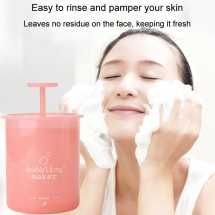 Portable Foaming Cup for Daily Skincare and Travel Use - pink foaming cup with woman applying rich foam to her face for quick travel skincare
