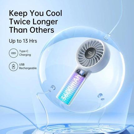 JisuLife Life4 Rechargeable Handheld Fan for Daily Cooling compact rechargeable fan showing Type-C charging, USB rechargeable and up to 13 hrs runtime