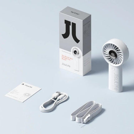 JisuLife Life4 Rechargeable Handheld Fan for Daily Cooling compact white fan with packaging, USB cable and strap