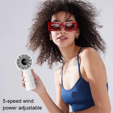 Woman holding JisuLife Life4 Rechargeable Handheld Fan for Daily Cooling — portable 5-speed handheld fan for commuting and outdoor comfort