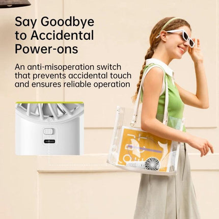 JisuLife Life4 Rechargeable Handheld Fan for Daily Cooling shown carried in clear bag with anti-misoperation switch to prevent accidental power-ons